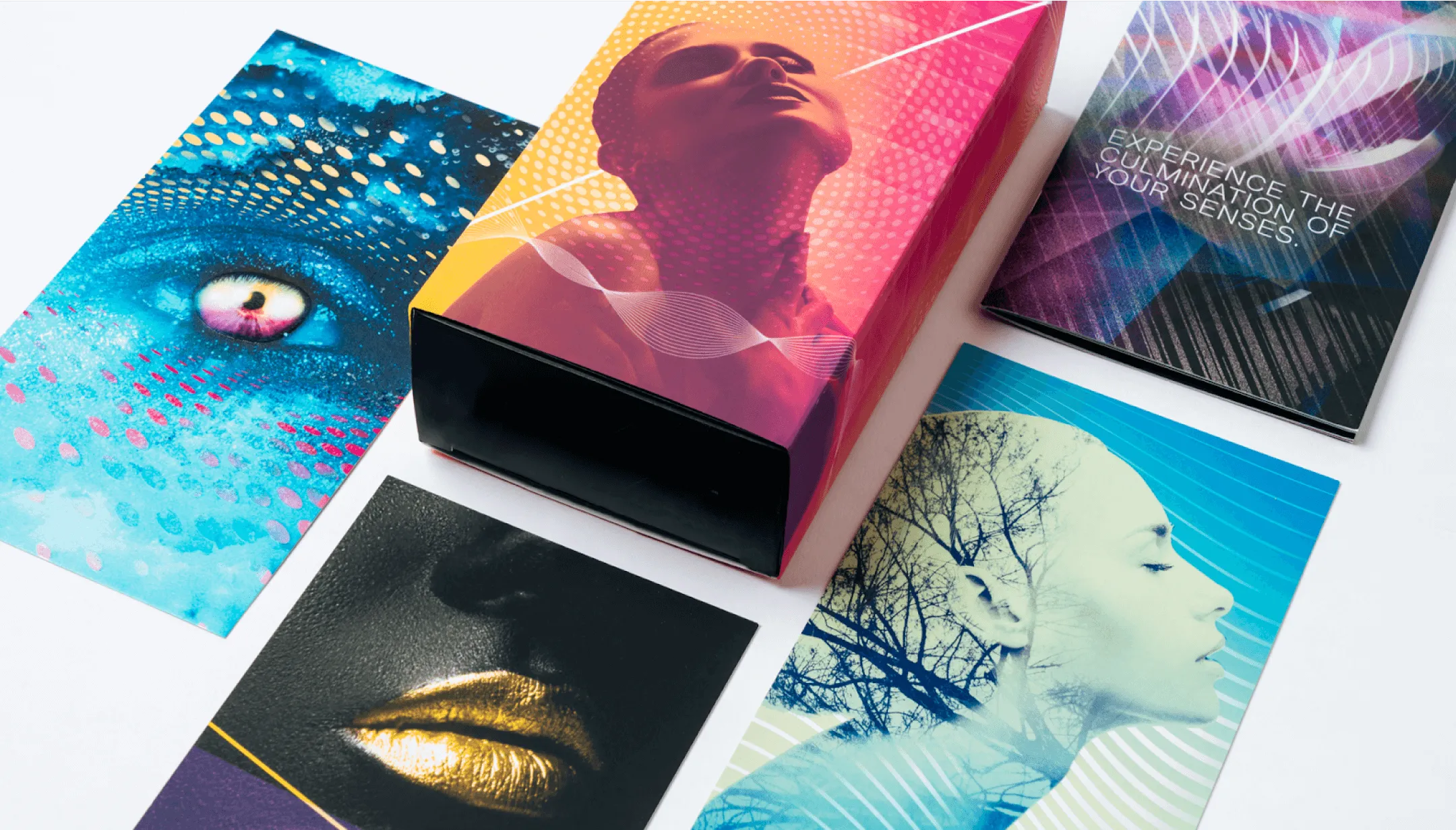 various artwork with human face elements arranged diagonally 